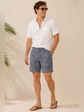 Vissla Global Stoke Chambray Walkshorts Gray Blue Island Print Cotton Shorts 36